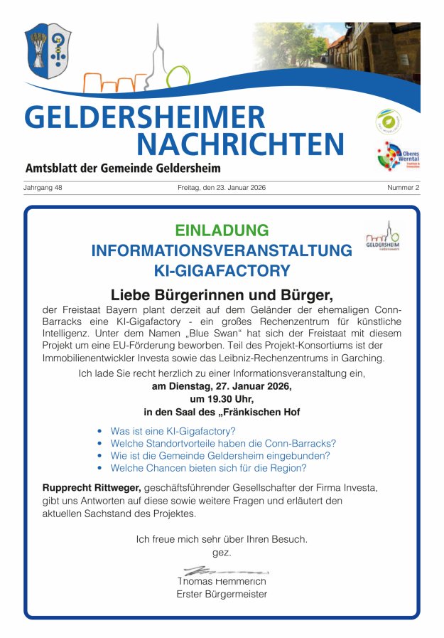 Geldersheimer Nachrichten Amtsblatt der Gemeinde Geldersheim Titelblatt 02/2026