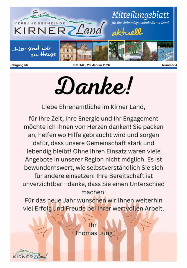 Mitteilungsblatt für den Bereich der Verbandsgemeinde Kirner Land Titelblatt 04/2026