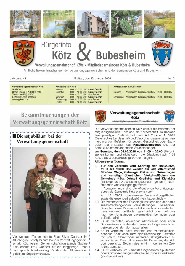 Amtsblatt der VG Kötz und der Mitgliedsgemeinden Titelblatt 02/2026