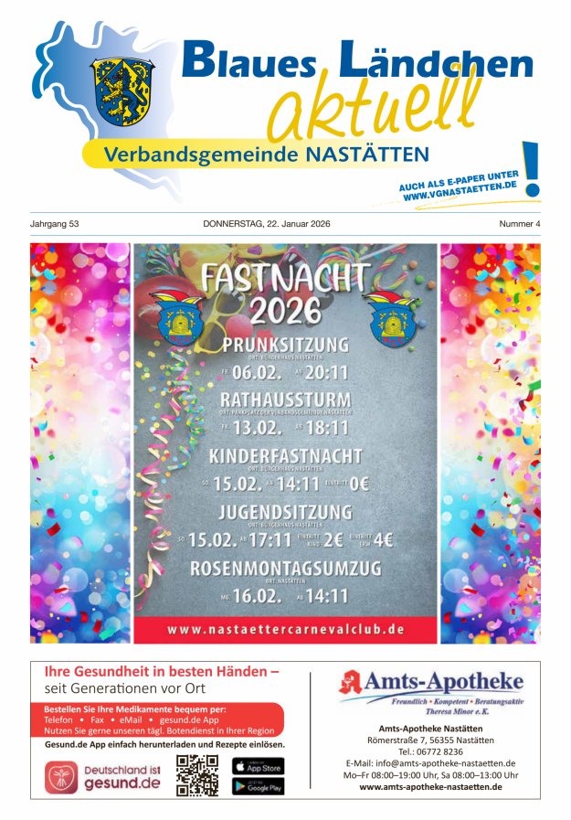 Blaues Ländchen aktuell - Heimat- u Bürgerzeitung VG Nastätten Titelblatt 04/2026