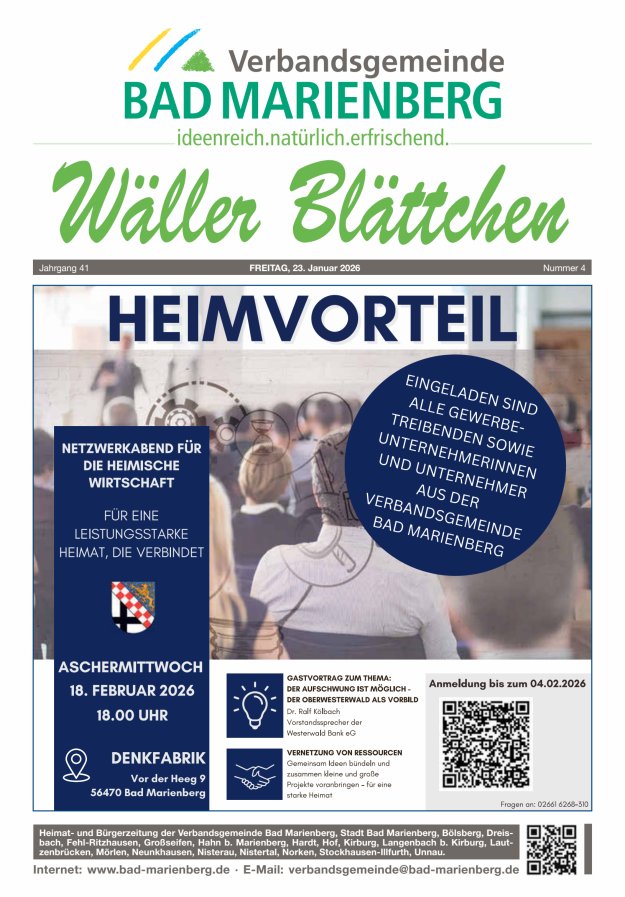 Wäller Blättchen - Verbandsgemeinde Bad Marienberg Titelblatt 04/2026
