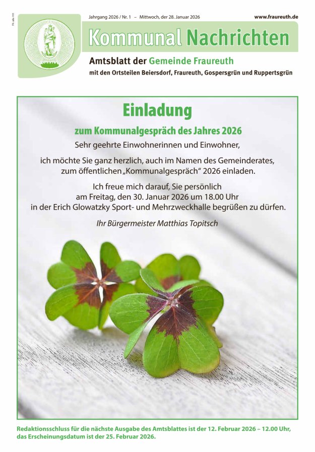 Kommunal-Nachrichten der Gemeinde Fraureuth Titelblatt 01/2026
