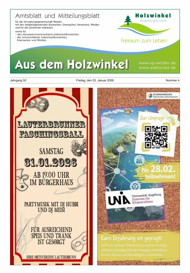 Aus dem Holzwinkel Amtsblatt u Mitteilungsblatt f VG Welden u GemAdelsried Titelblatt 04/2026