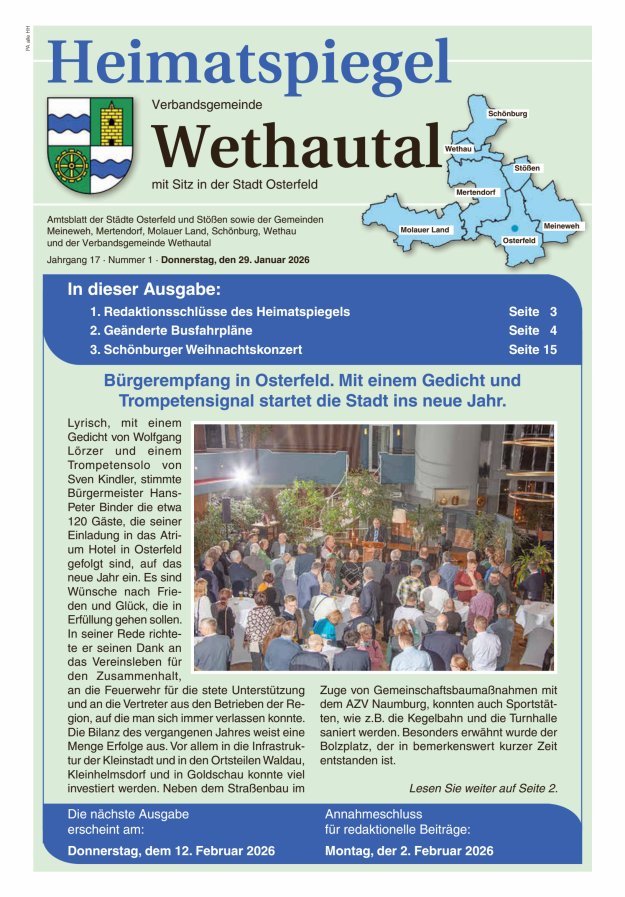 Heimatspiegel Verbandsgemeinde Wethautal mit Sitz in der Stadt Osterfeld Titelblatt 01/2026
