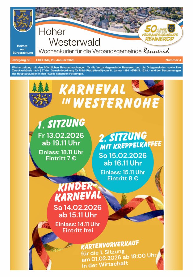 Hoher Westerwald - Wochenkurier für die Verbandsgemeinde Rennerod Titelblatt 04/2026