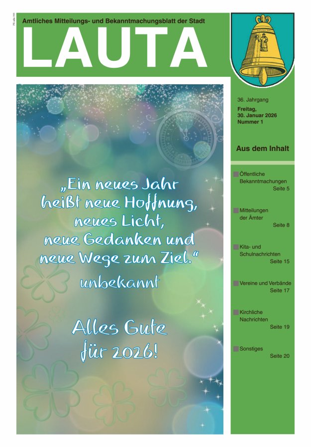 Amtliches Mitteilungs- und Bekanntmachungsblatt der Stadt Lauta - Stadtanzeiger Titelblatt 01/2026