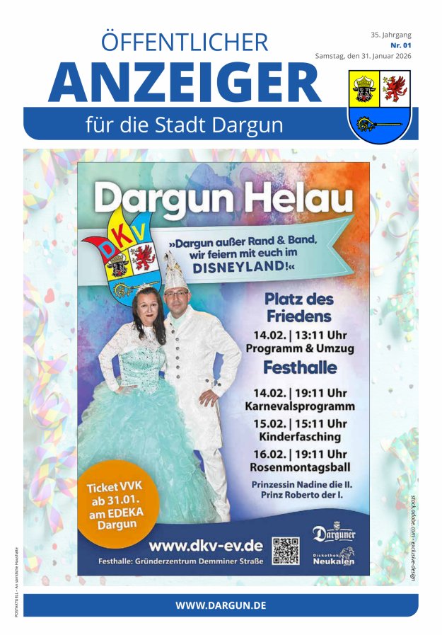 Öffentlicher Anzeiger der Stadt Dargun Titelblatt 01/2026