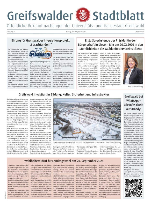 Greifswalder Stadtblatt Titelblatt 01/2026