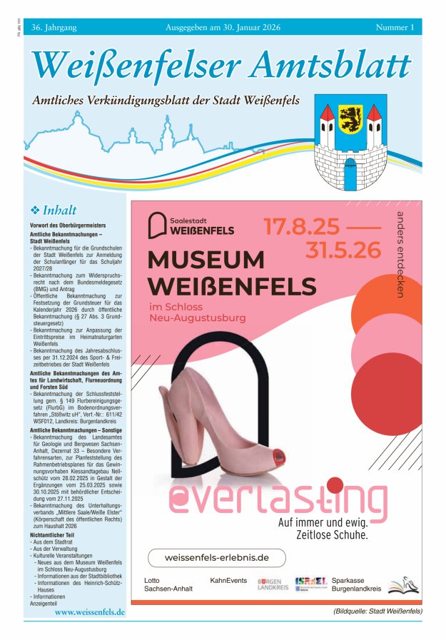 Weißenfelser Amtsblatt – Amtliches Verkündungsblatt der Stadt Weißenfels Titelblatt 01/2026