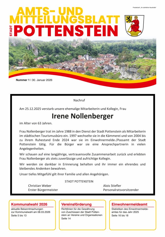 Amts- und Mitteilungsblatt der Stadt Pottenstein Titelblatt 01/2026
