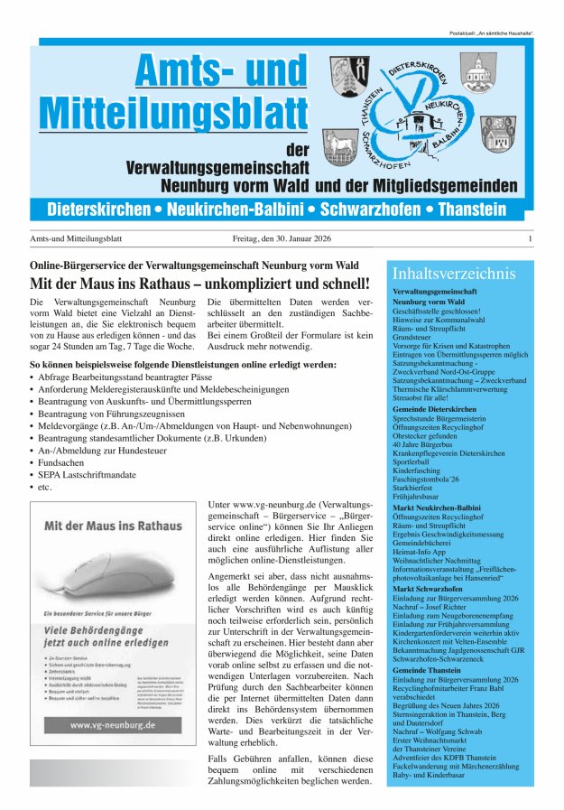 Amts- u Mitteilungsblatt der VG Neunburg vorm Wald u d Mitgliedsgemeinden Titelblatt 01/2026