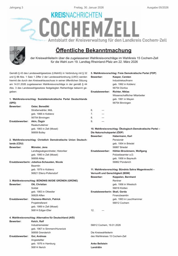Kreisnachrichten Cochem-Zell Titelblatt 05/2026-1