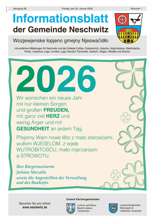 Informationsblatt der Gemeinde Neschwitz mit amtlichen Mitteilungen Titelblatt 01/2026