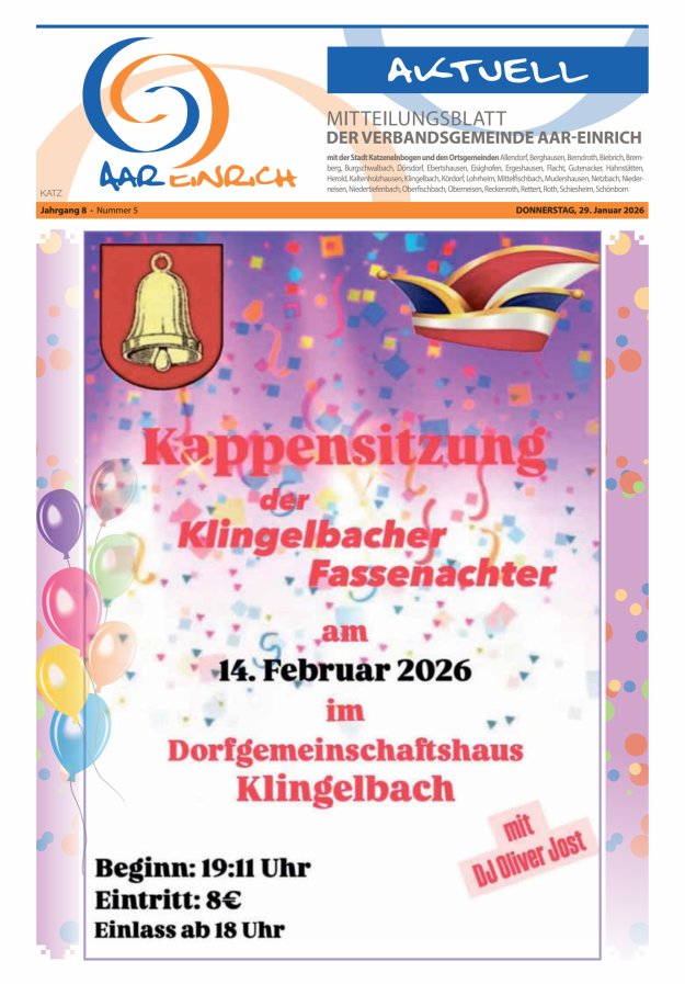 Mitteilungsblatt der Verbandsgemeinde Aar-Einrich Ausgabe Katzenelnbogen Titelblatt 04/2026