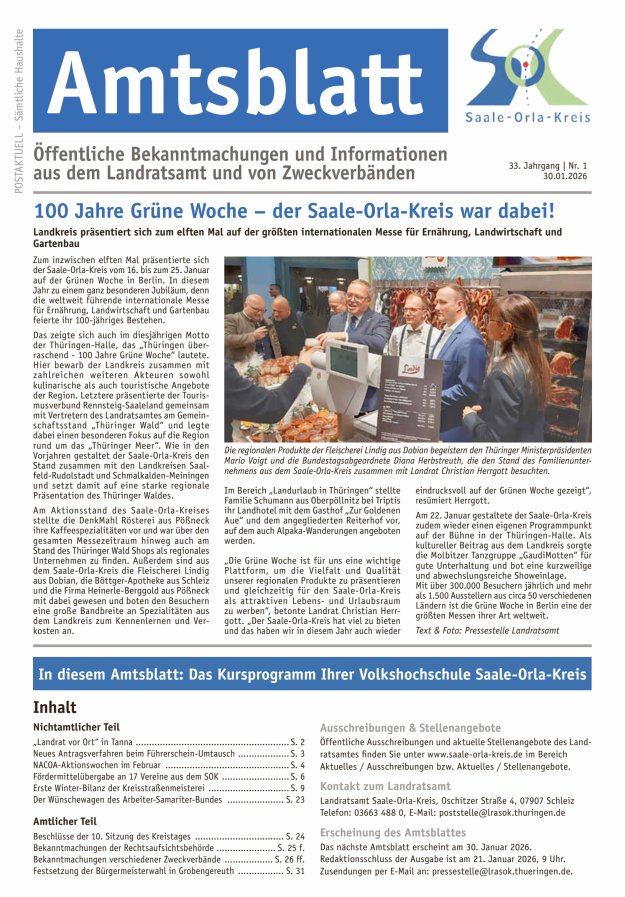Amtsblatt des Saale-Orla-Kreises Titelblatt 01/2026