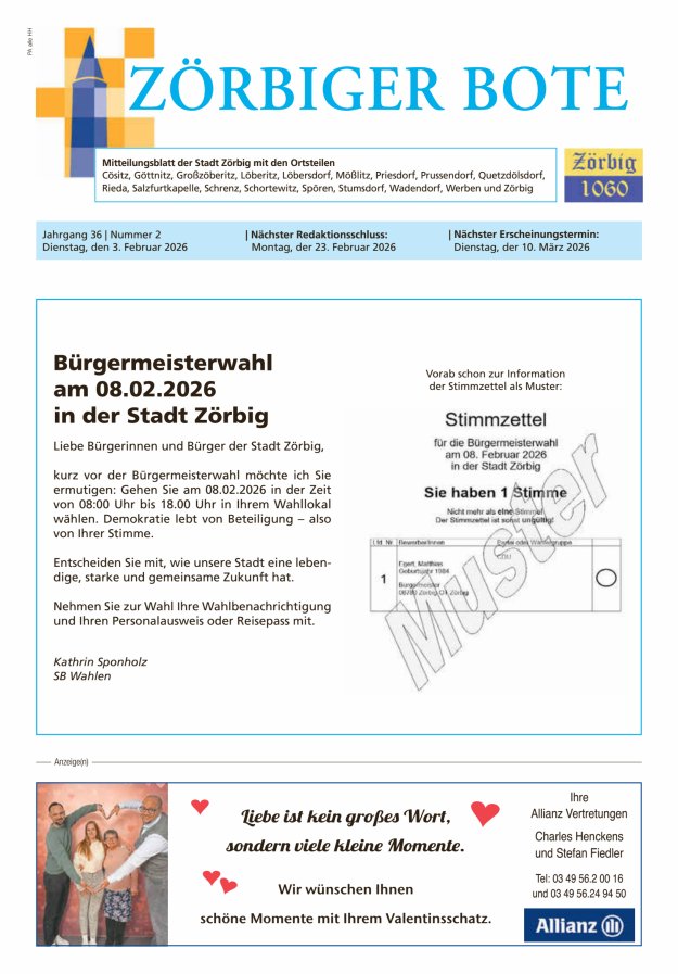 Zörbiger Bote – Mitteilungsblatt der Stadt Zörbig mit den Ortsteilen Titelblatt 02/2026