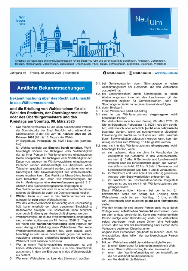 Amtsblatt der Stadt Neu-Ulm und Mitteilungsblatt für die Stadt Neu-Ulm Titelblatt 05/2026