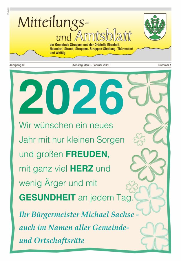 Mitteilungs- und Amtsblatt der Gemeinde Struppen und der Ortsteile Titelblatt 01/2026