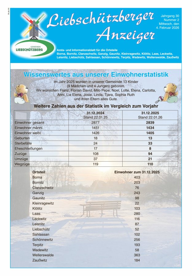 Liebschützberger Anzeiger - Amts- und Informationsblatt Titelblatt 02/2026