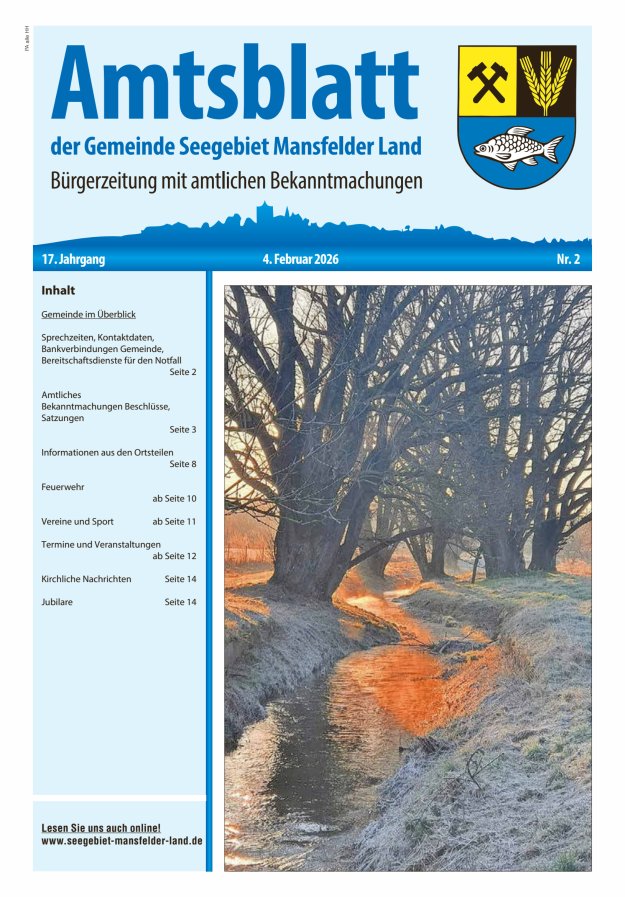 Amtsblatt der Gemeinde Seegebiet Mansfelder Land Titelblatt 02/2026