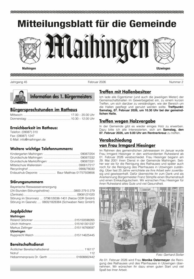 Mitteilungsblatt für die Gemeinde Maihingen Titelblatt 02/2026