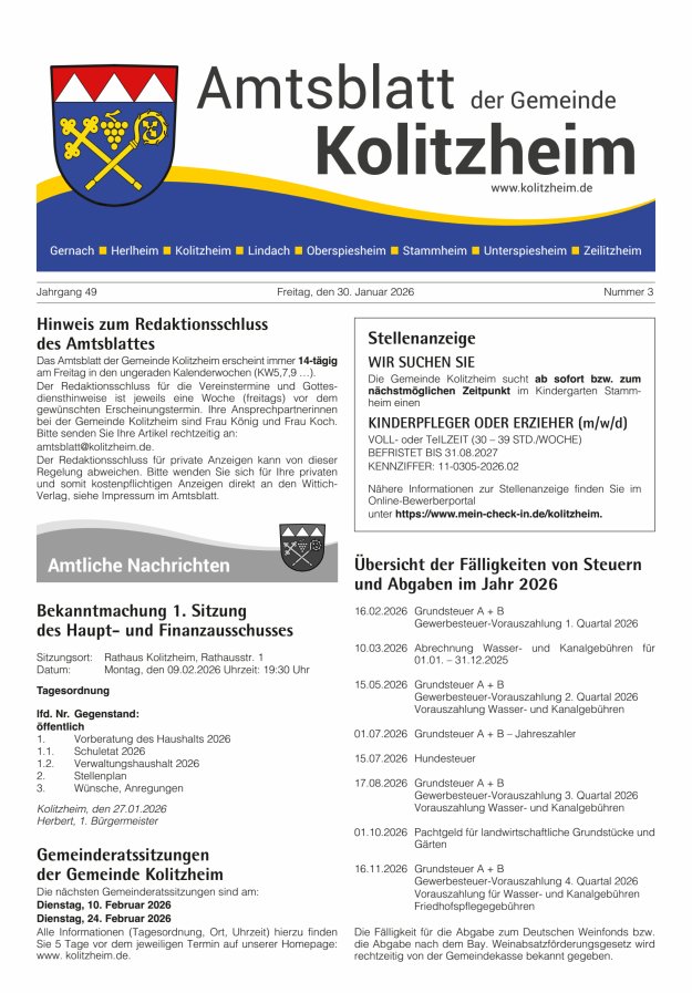 Amtsblatt der Gemeinde Kolitzheim Titelblatt 03/2026