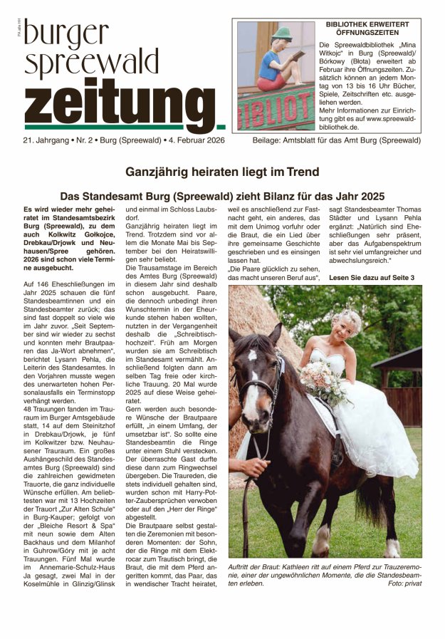 Burger Spreewald Zeitung - Amtsblatt für das Amt Burg (Spreewald) Titelblatt 02/2026
