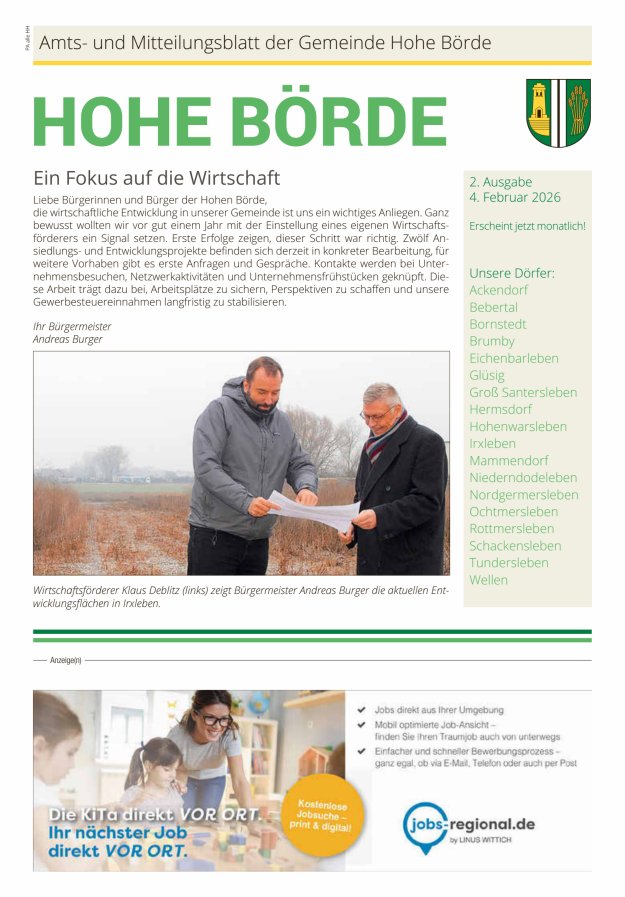 Amts- und Mitteilungsblatt der Gemeinde Hohe Börde Titelblatt 02/2026