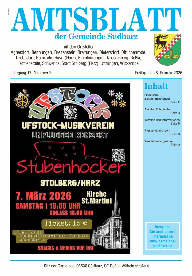Amtsblatt der Gemeinde Südharz Titelblatt 03/2026