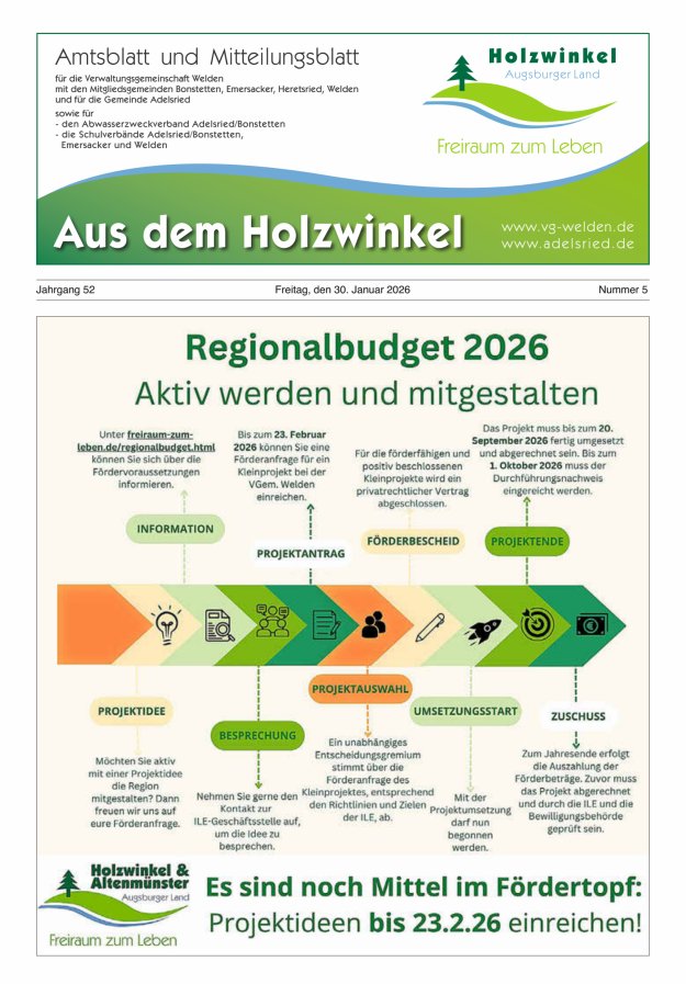 Aus dem Holzwinkel Amtsblatt u Mitteilungsblatt f VG Welden u GemAdelsried Titelblatt 05/2026