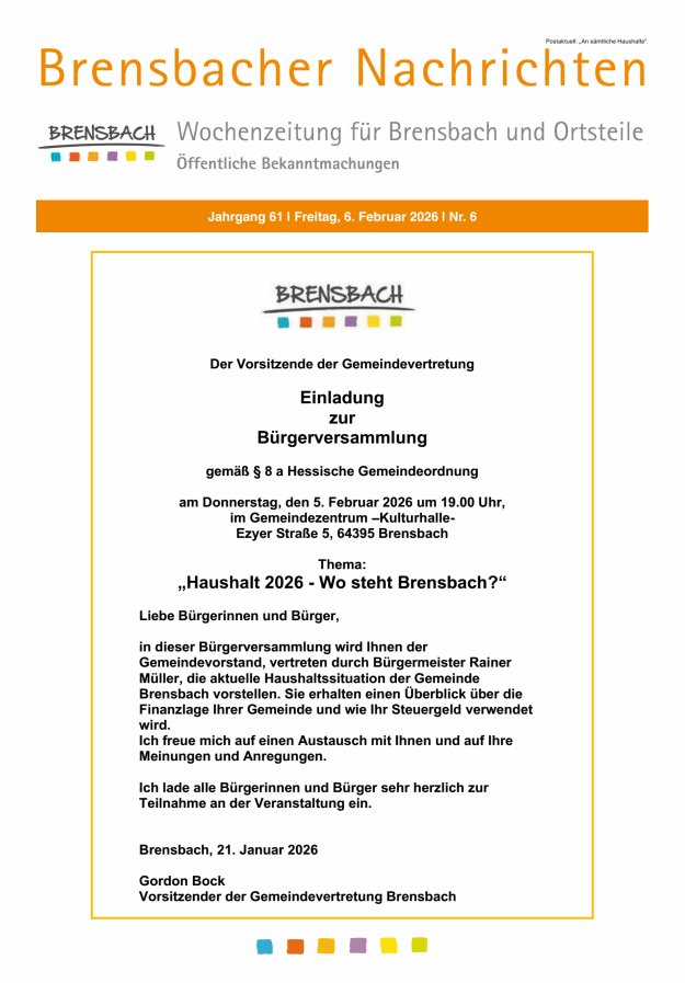 Brensbacher Nachrichten Titelblatt 06/2026