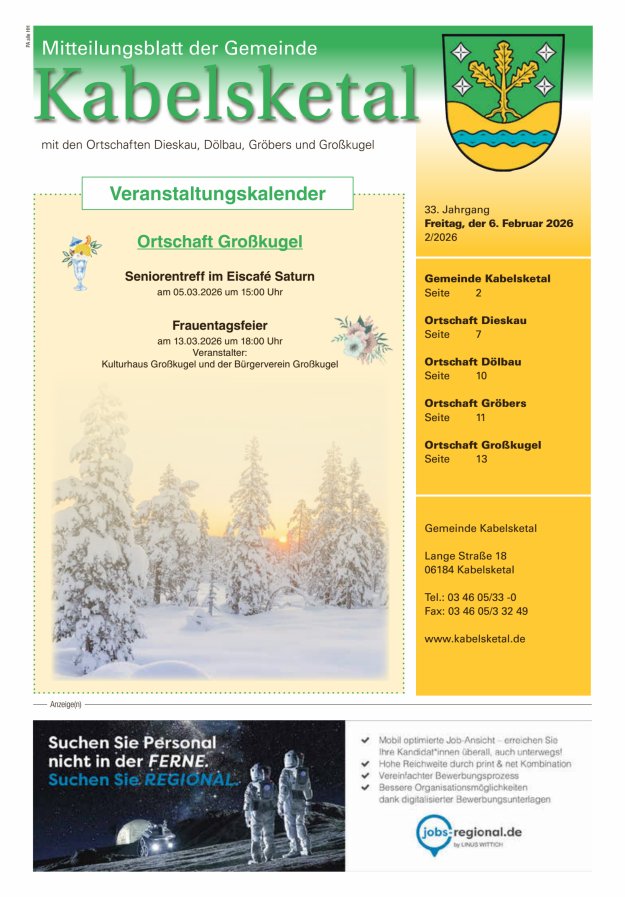 Amtsblatt der Gemeinde Kabelsketal mit den Ortsteilen Titelblatt 02/2026