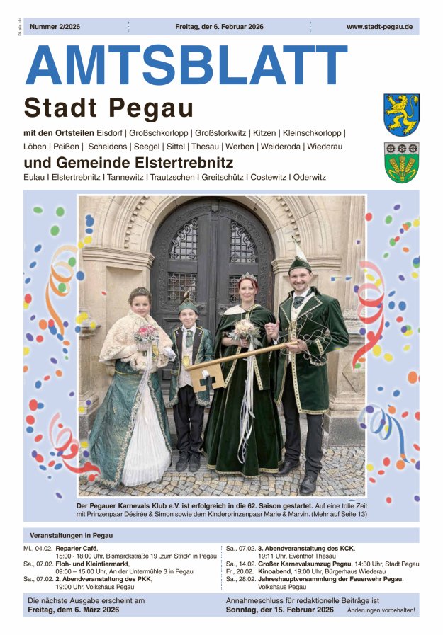 Amtsblatt Stadt Pegau und Gemeinde Elstertrebnitz  Titelblatt 02/2026