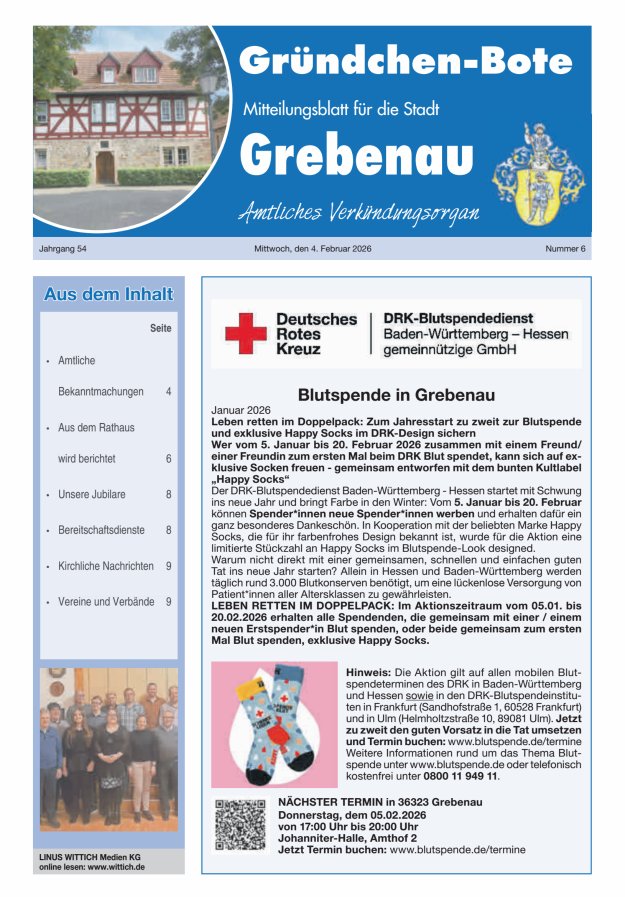 Grebenau - Gründchen Bote - Mitteilungsblatt für die Stadt Grebenau Titelblatt 06/2026