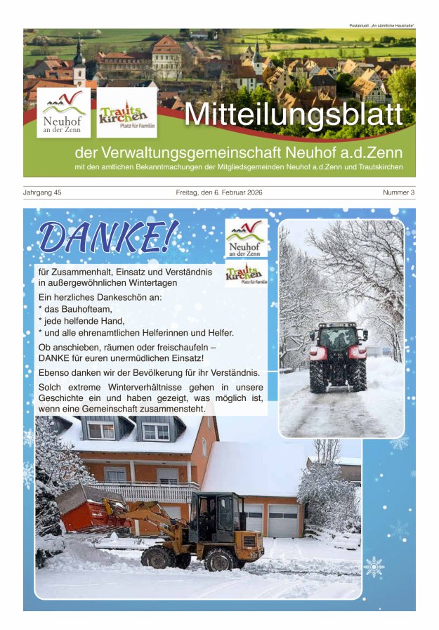 Mitteilungsblatt der Verwaltungsgemeinschaft Neuhof an der Zenn mit den amtlichen Bekanntmachungen der Mitgliedsgemeinden Neuhof an der Zenn und Trautskirchen Titelblatt 03/2026