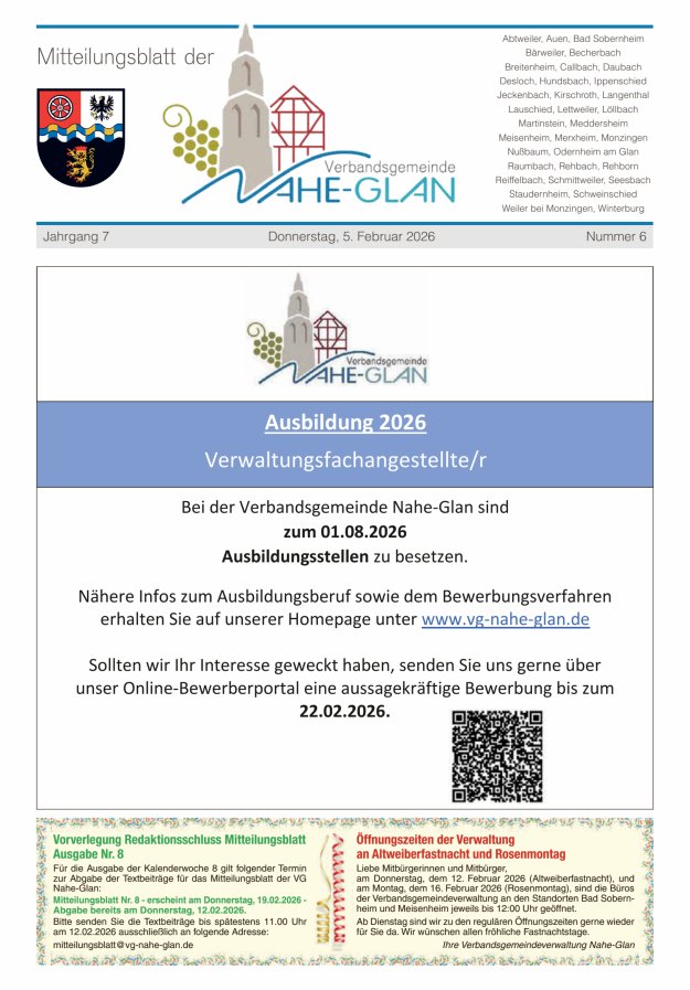 Mitteilungsblatt für die Verbandsgemeinde Nahe-Glan Titelblatt 06/2026