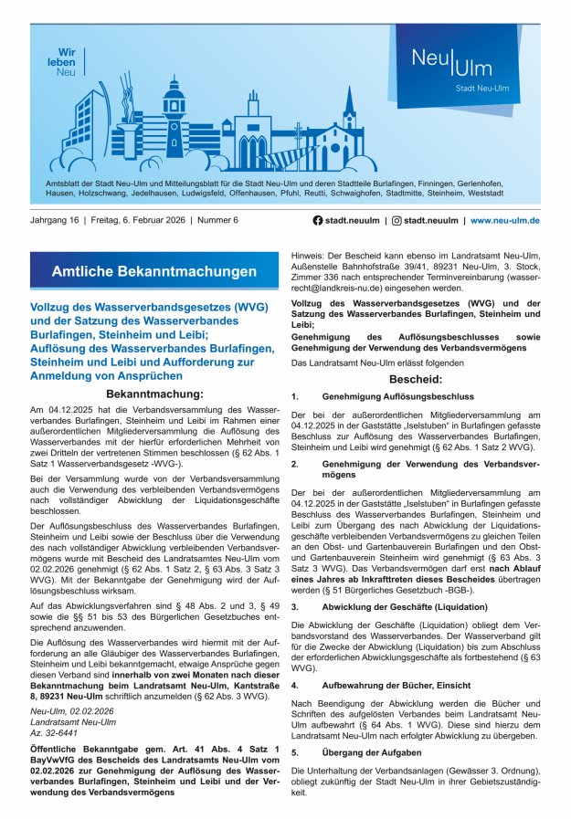 Amtsblatt der Stadt Neu-Ulm und Mitteilungsblatt für die Stadt Neu-Ulm Titelblatt 06/2026