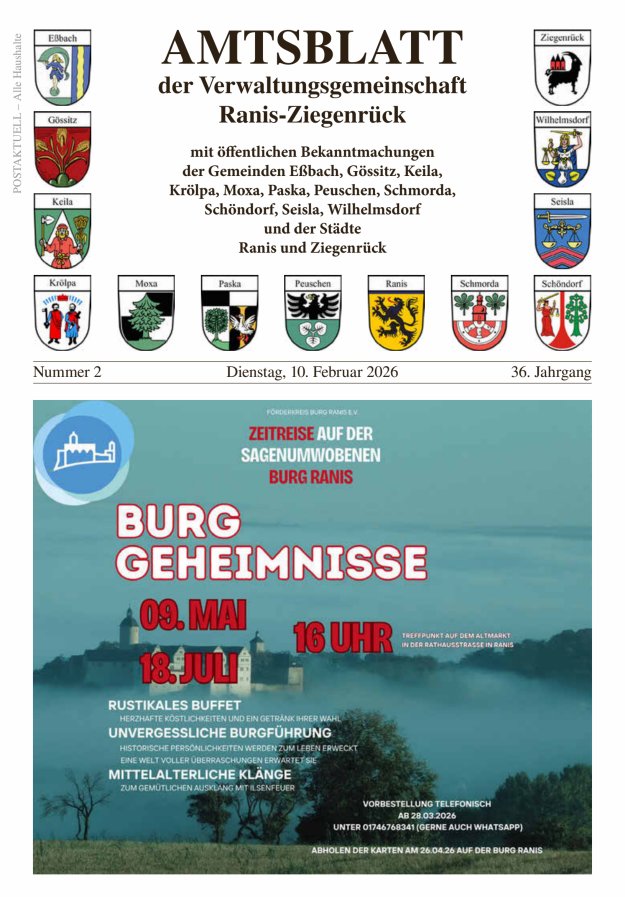 Amtsblatt der Verwaltungsgemeinschaft Ranis-Ziegenrück Titelblatt 02/2026