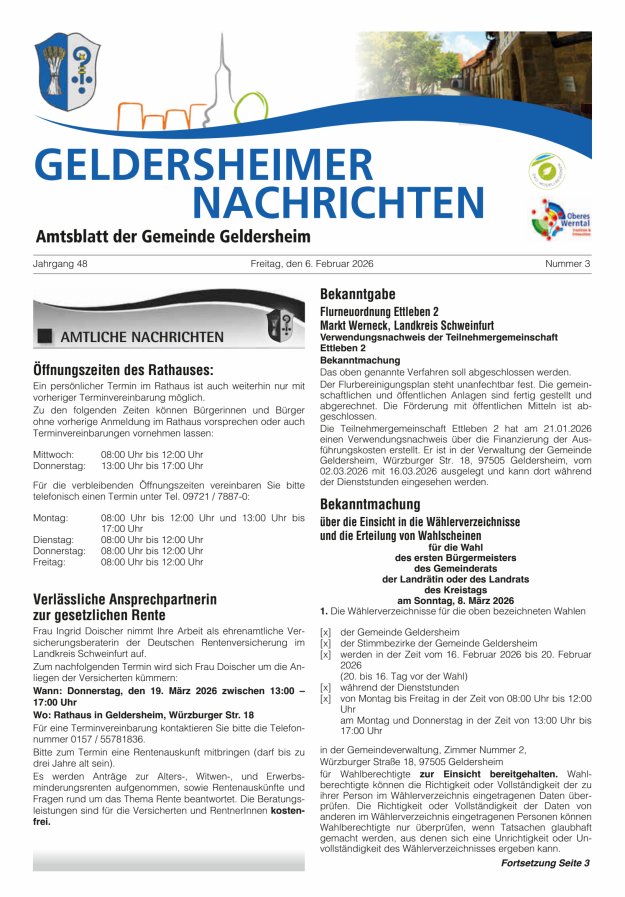 Geldersheimer Nachrichten Amtsblatt der Gemeinde Geldersheim Titelblatt 03/2026