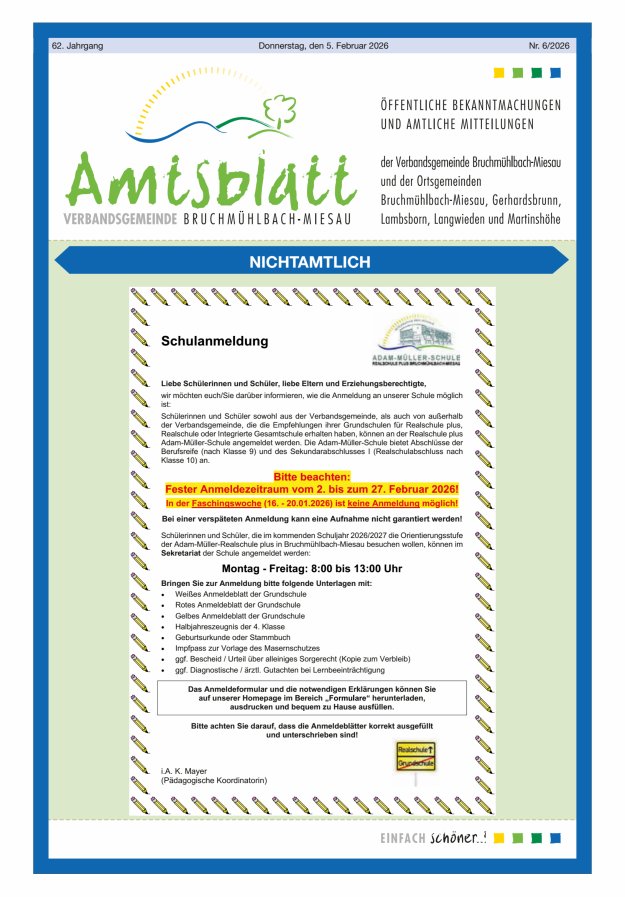 Amtsblatt der VG Bruchmühlbach-Miesau Titelblatt 06/2026