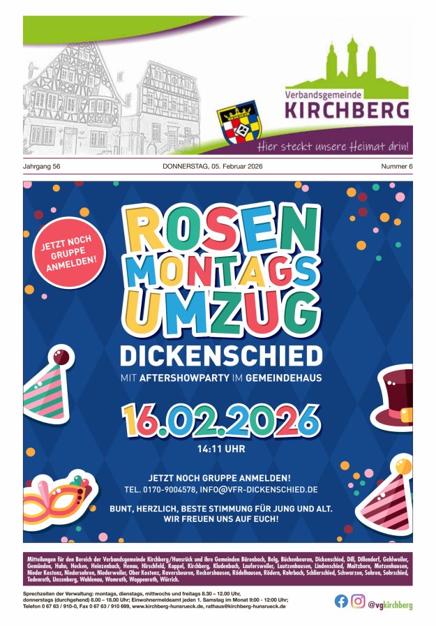 Mitteilungen der Verbandsgemeinde Kirchberg Hunsrück Titelblatt 06/2026