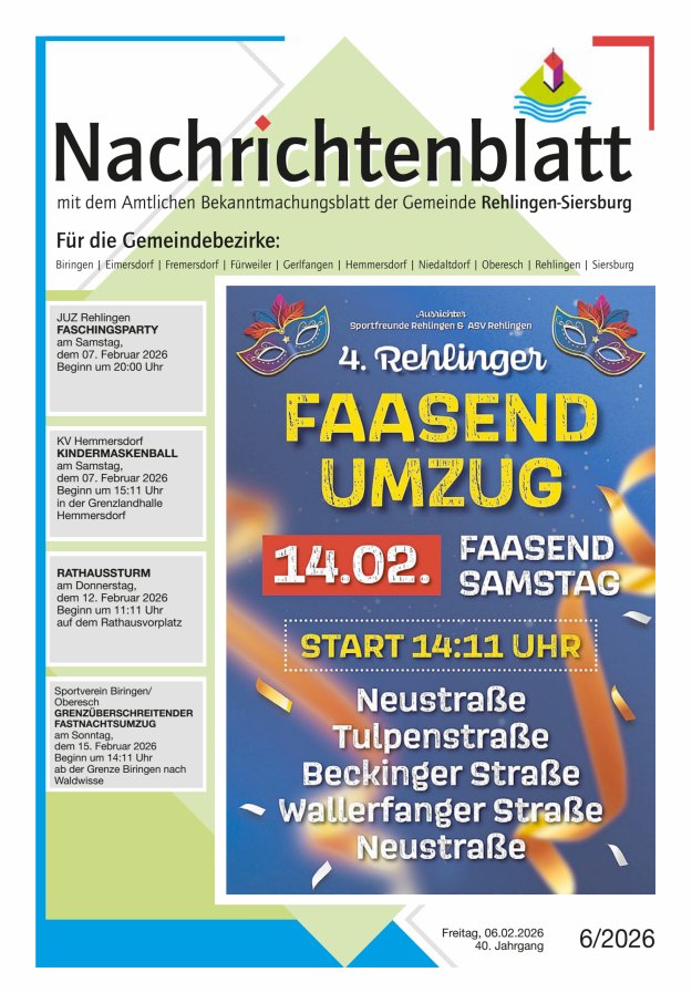Nachrichtenblatt Rehlingen-Siersburg Titelblatt 06/2026