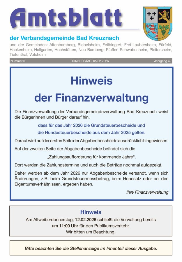 Amtsblatt der Verbandsgemeinde Bad Kreuznach Titelblatt 06/2026