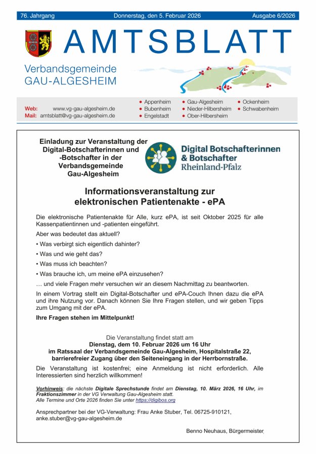 Amtsblatt der VG Gau-Algesheim Titelblatt 06/2026