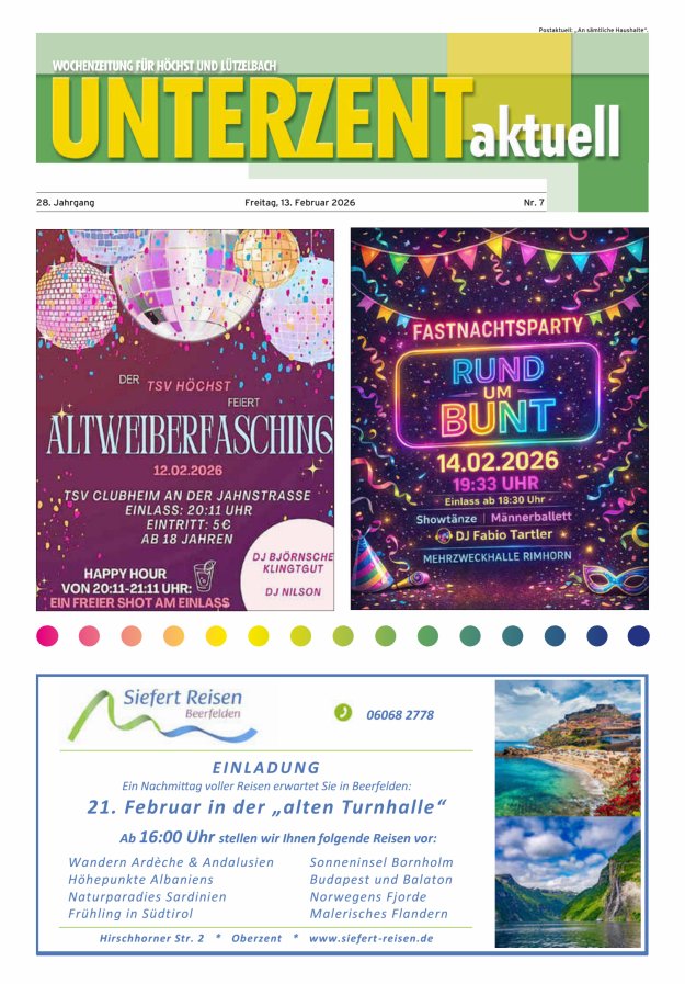 Unterzent aktuell Wochenzeitung für Höchst und Lützelbach Titelblatt 07/2026