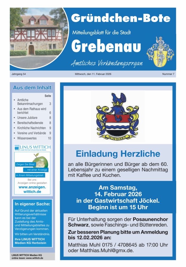 Grebenau - Gründchen Bote - Mitteilungsblatt für die Stadt Grebenau Titelblatt 07/2026