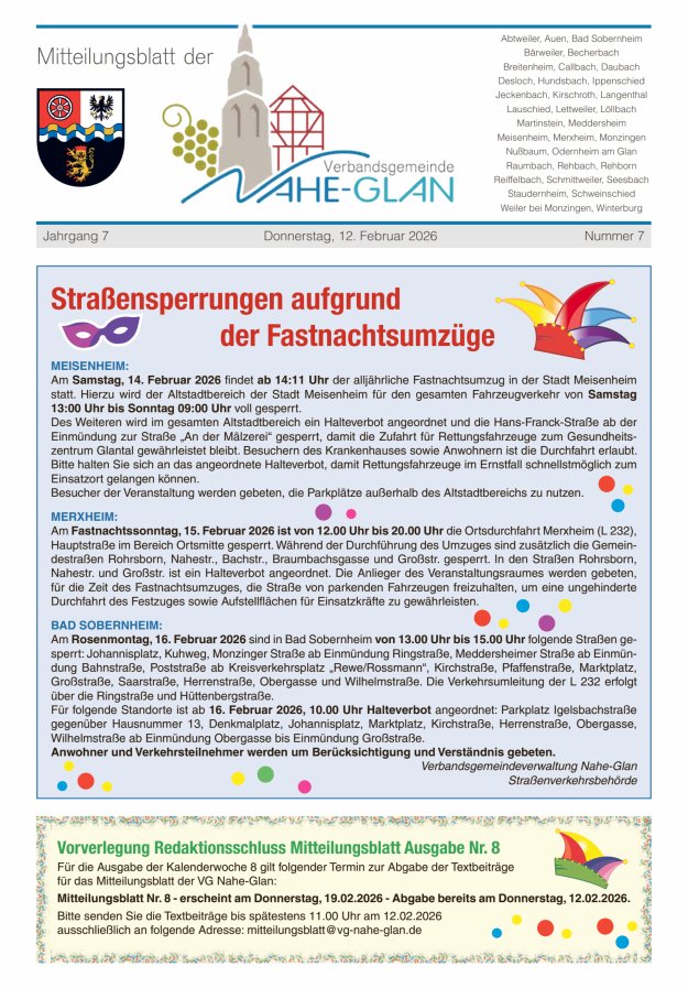 Mitteilungsblatt für die Verbandsgemeinde Nahe-Glan Titelblatt 07/2026