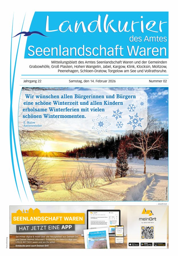 Landkurier des Amtes Seenlandschaft Waren Titelblatt 02/2026