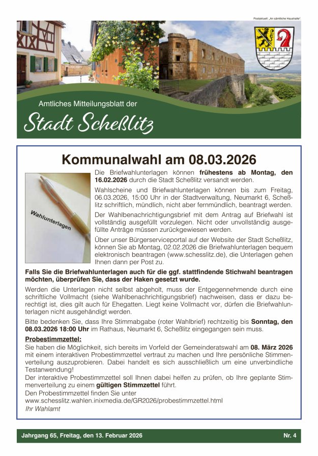 Scheßlitzer Anzeiger - Amtliches Mitteilungsblatt der Stadt Scheßlitz Titelblatt 04/2026