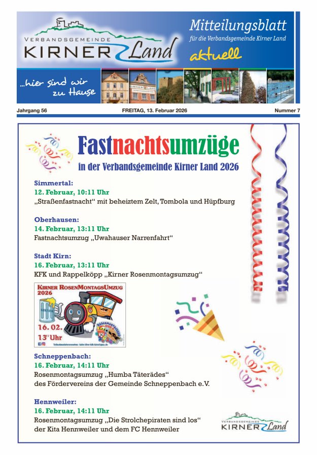Mitteilungsblatt für den Bereich der Verbandsgemeinde Kirner Land Titelblatt 07/2026